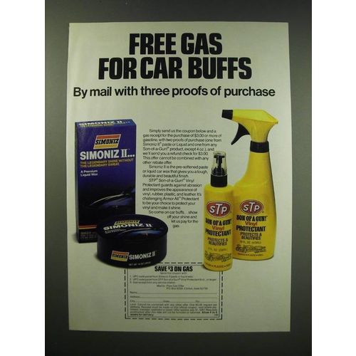 1987 Simoniz II Wax and STP Son of a Gun Protectant Ad - Free gas for car buffs