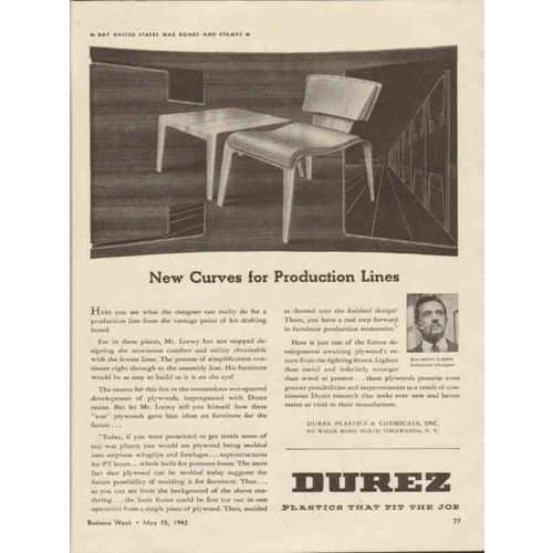 DUREZ PLASTICS CHEMICALS 1943 new curves Raymond Loewy vintage ad