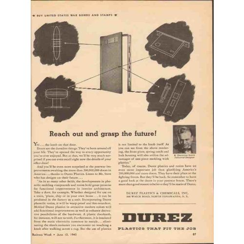 DUREZ PLASTICS CHEMICALS 1943 Reach out grasp Doulton Stott vintage ad