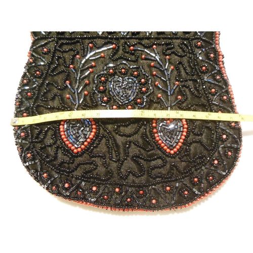Vintage Purse Handbag Black and Red Heart Themed Beaded