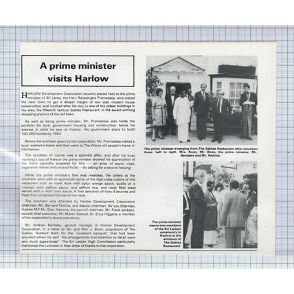 (5414) Harlow Development Corp Sri Lanka Prime Minister Gables Restaurant 1979