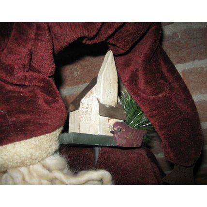 Santa Claus Doll in Burgundy Outfit w/very long cap, bird and evergreens