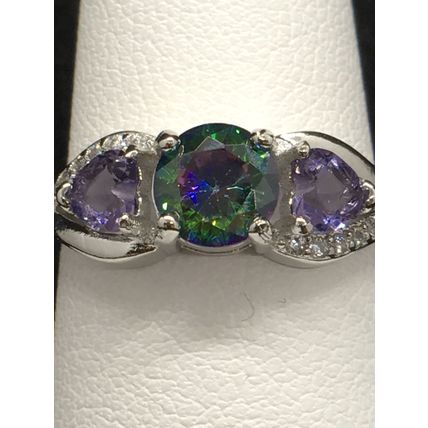 Ring Colorful Rainbow Crystal Amethyst Hearts 925 Sterling #53 USA Seller