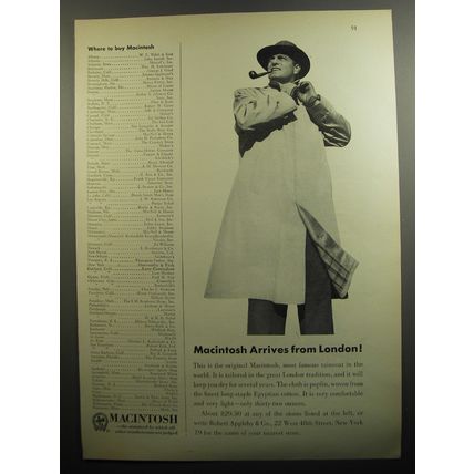 1951 Macintosh Raincoat Ad - Macintosh arrives from London