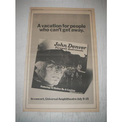 1973 John Denver Farewell Andromeda Album Ad - A vacation for people