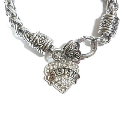 Chunky silver sister diamante crystal heart bracelet with heart clasp gift