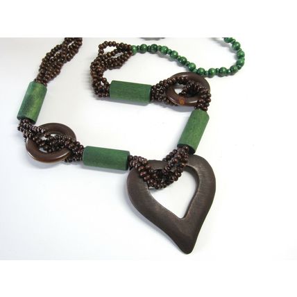 Festival Tribal Long Brown & Green Beaded Monkey Wood Heart Necklace