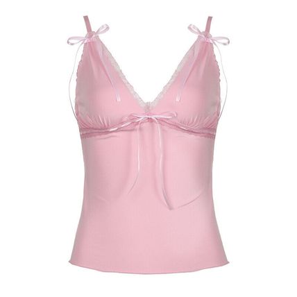 Ribbons Bow Patchwork Lace Crop Top Pink Coquette Aesthetic Slim-fit V-neck