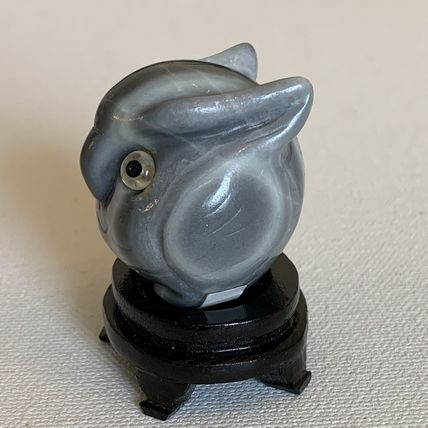 Grey Banded Agate Owl Figurine W Stand Vintage Fine Chinese Animal Carving 1.4"