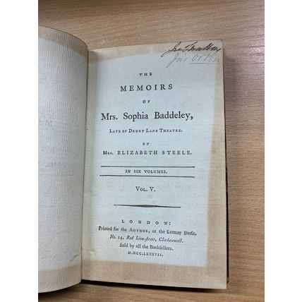 RARE* 1787 THE MEMOIRS OF MRS SOPHIA BADDELEY VOL 5 ELIZABETH STEELE BOOK (T3)
