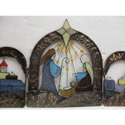 Stained Glass Hinged Nativity Set Sun Catcher 3 Piece Christmas Scene