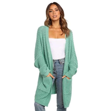 Green Long Line Open Front Knitted Cardigan with Pockets