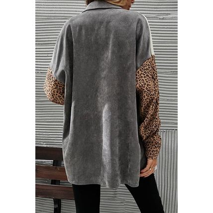 Gray Color Block Leopard Patched Corduroy Shacket