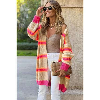 Stripe Printed Ribbed Long Knitted Cardigan