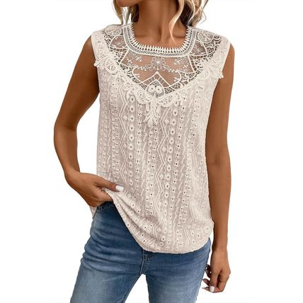 Apricot Guipure Lace Crochet Keyhole Back Tank Top