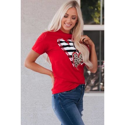 Red Leopard Striped Heart Shaped Print Crew Neck T Shirt