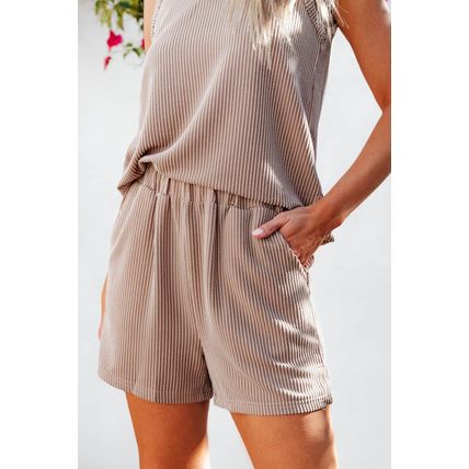 Smoke Gray Corded Sleeveless Top and Pocketed Shorts Set