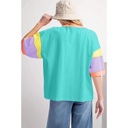 Light Blue Color Block Stitching Sleeve Round Neck Oversize Top