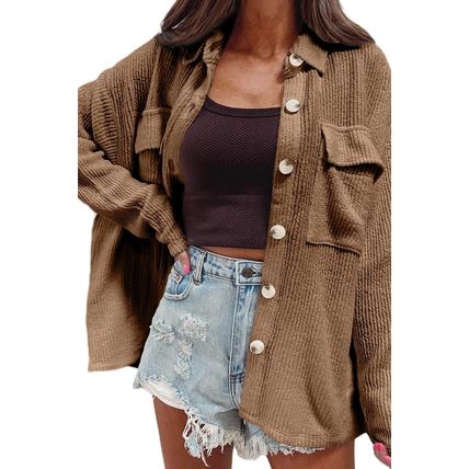 Dark Khaki Solid Color Corduroy Buttoned Long Sleeve Shacket