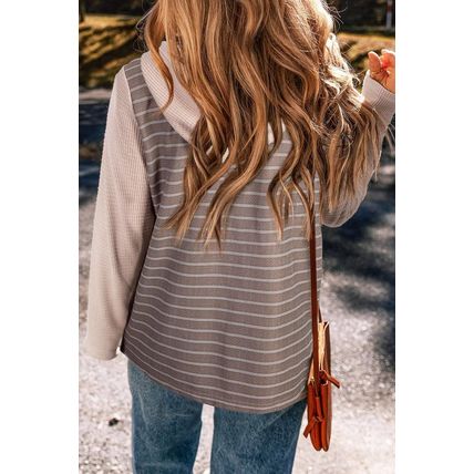 Gray Textured Knit Colorblock Striped Henley Hooded Top