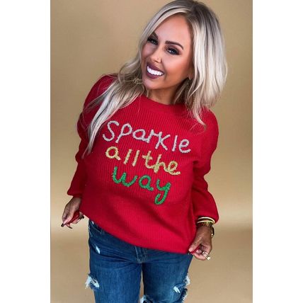 Racing Red Sparkle All The Way Tinsel Crew Neck Plus Size Sweater