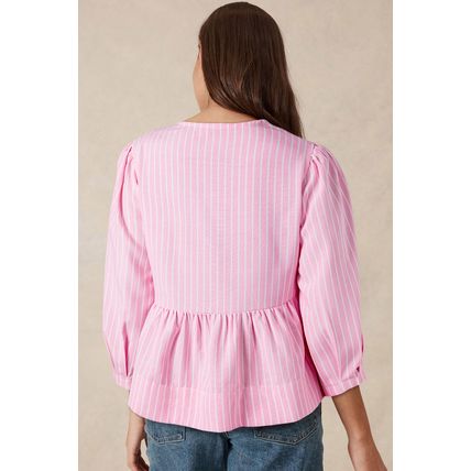 Pink Stripe Bowknot Front Crew Neck Puff Sleeve Blouse
