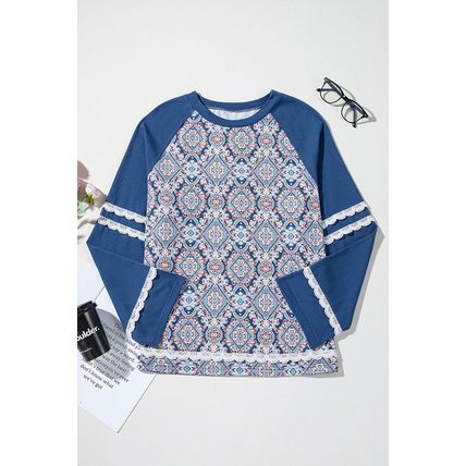 Blue Geometric Printed Lace Patchwork Ric Rac Raglan Long Sleeve Top