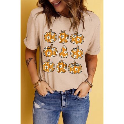 Khaki Floral Pumpkin Print Casual T Shirt
