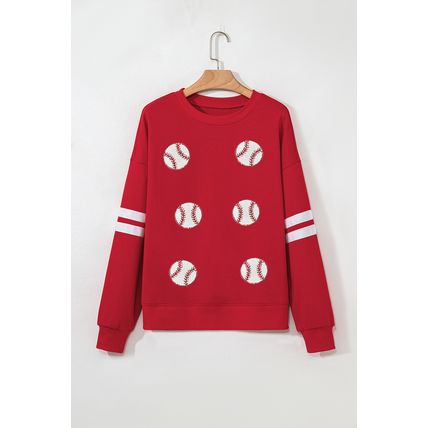 Fiery Red Sequin Baseball Patched Oversized Varsity Sweatshirt