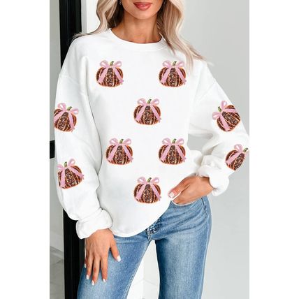 White Sequin Bow Pumpkin Patched Cotton Baggy Sweatshirt