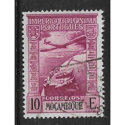 MOZAMBIQUE 1938 10E MAUVE AIRPLANE OVER GLOBE SG 377 FINE USED#2