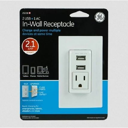 GE 2 USB + 1 AC In-Wall Receptacle - White