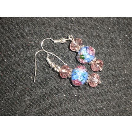 Special handmade blue with purple flower & pink crystal glass drop earrings