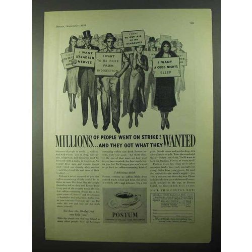 1931 Postum Drink Ad - Millions of People On Strike