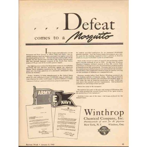 WINTHROP CHEMICAL COMPANY 1943 Defeat mosquito Atabrine WW2 vintage ad
