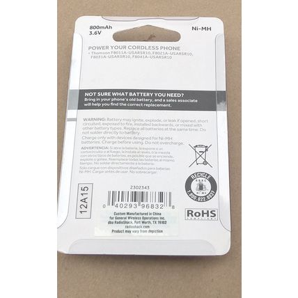 RadioShack 2302343 800mAh 3.6V Rechargeable Cordless Phone Battery NIMH Thompson