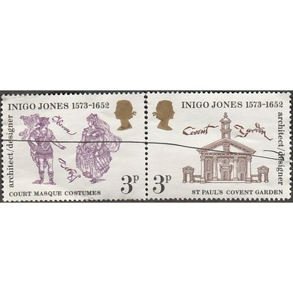 1973 400th Birth Anniversary of Inigo Jones. 2 x 3p Pair. Pen Cancelled