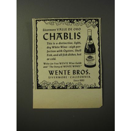 1953 Wente Bros. Livermore Valle de Oro Chablis Wine Advertisement