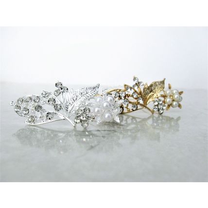 Silver or gold flower and leaf pearl crystal hair pin clip barrette
