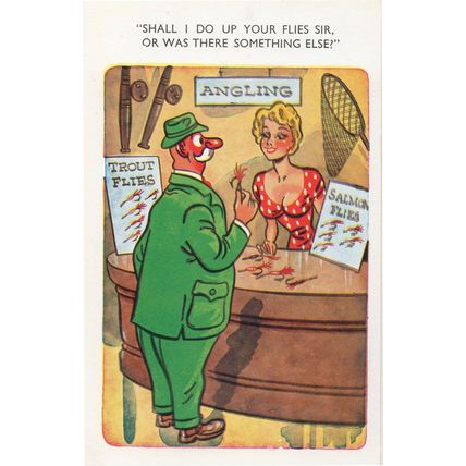 Fishing Net Angling Trout Flies Fisherman Shop Old Comic Postcard