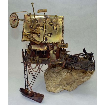 Rare Unique Metal Copper Boat House Sculpture Ernie Abdelnour Coral Rock Base