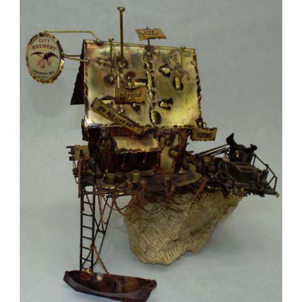 Rare Unique Metal Copper Boat House Sculpture Ernie Abdelnour Coral Rock Base