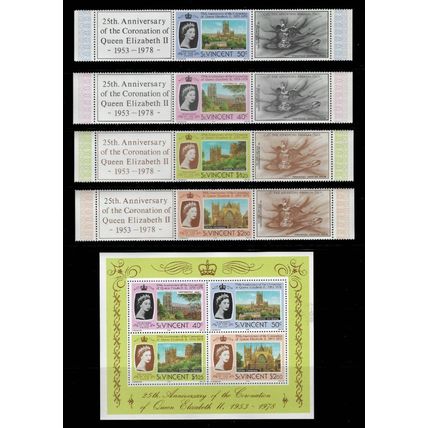St. Vincent 1978 Queen Elizabeth II Silver Jubilee stamps sheet, strips MNH & MH