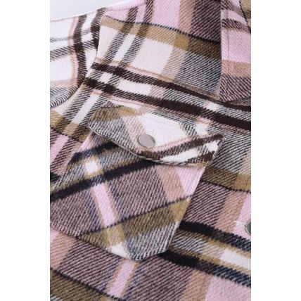 Pink Geometric Plaid Print Pocketed Shirt