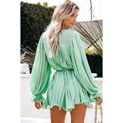 Green Pleated Ruffled Tie Waist Buttons V Neck Romper