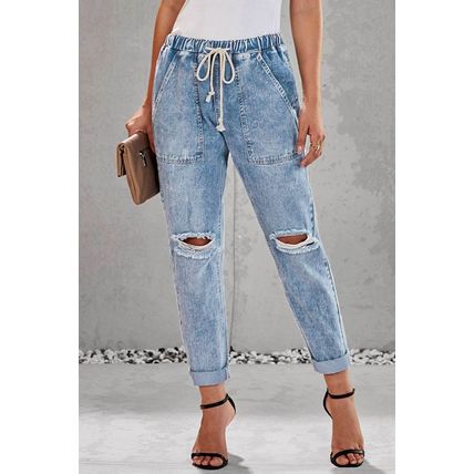Gather Round Distressed Pocketed Denim Jogger Pants