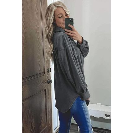 Gray Turn Down Collar Buttoned Shirt Jacket