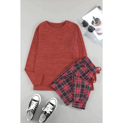 Solid Long Sleeve Top and Plaid Pants Loungewear