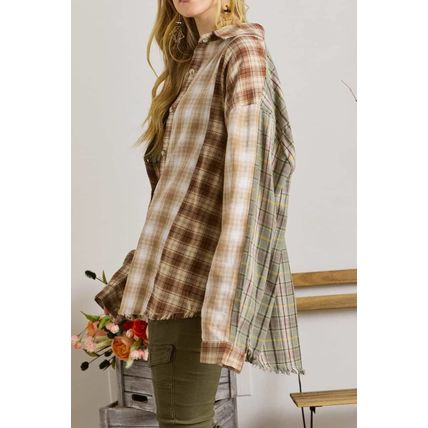 Brown Multi Plaid Patchwork Raw Edge Casual Shirt