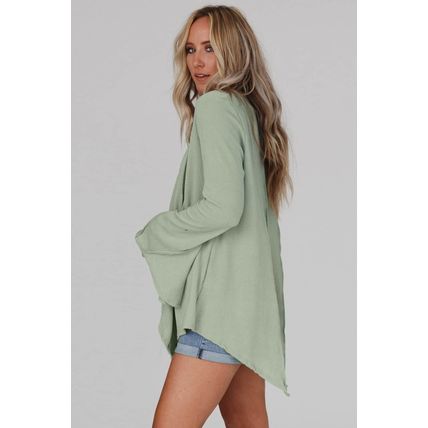 Green Ribbed Expose Seam Bell Sleeve Top